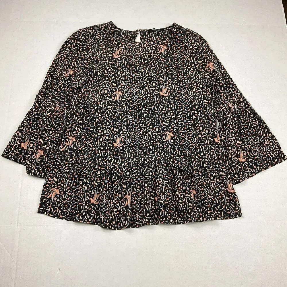 Madewell Womens Fiesta Paisley Silk Blouse Bell 3/4 Sleeve Lightweight Top XS